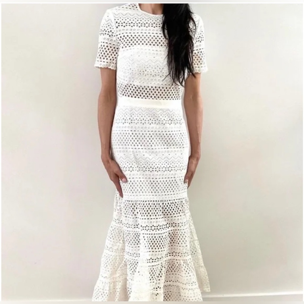 Self-Portrait Bea midi dress in white cotton with eyelet detailing.